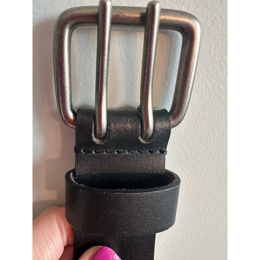 Y2K Genuine Leather Double Prong Belt Black Silver Buckle Men’s 44 Grunge Biker